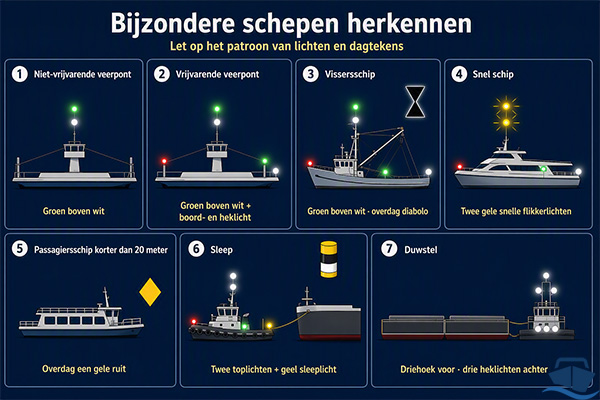 Overzicht van de verlichting en dagtekens van veerponten, een vissersschip, snel schip, passagiersschip, sleep en duwstel