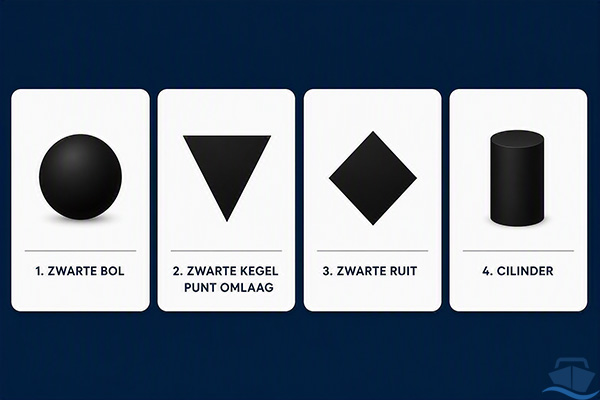 Overzicht van dagtekens met een zwarte bol, kegel, ruit en cilinder
