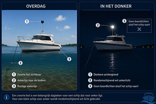 Geankerd schip met overdag een zwarte bol en in het donker een rondomschijnend wit licht