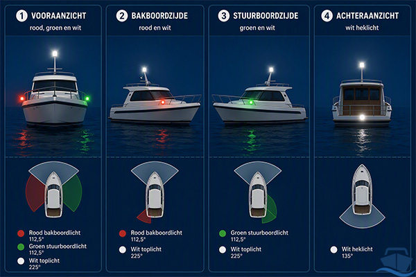 Navigatieverlichting van een motorschip gezien van voren, bakboord, stuurboord en achteren