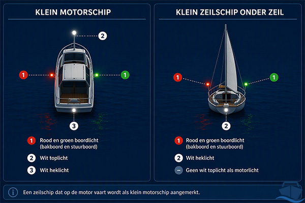 Vergelijking van de navigatieverlichting van een klein motorschip en een klein zeilschip