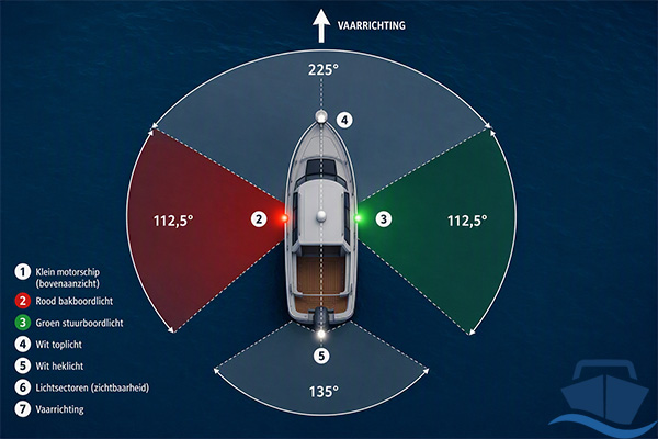Bovenaanzicht van een schip met rood bakboordlicht, groen stuurboordlicht, wit toplicht en wit heklicht